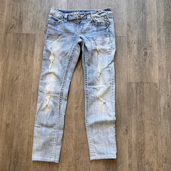 Harley Davidson distressed ripped low rise jeans. Gem and stud details. - Picture 7 of 15